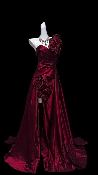 One Shoulder Burgundy A Line Prom Dress With 3d Flowers  P1212