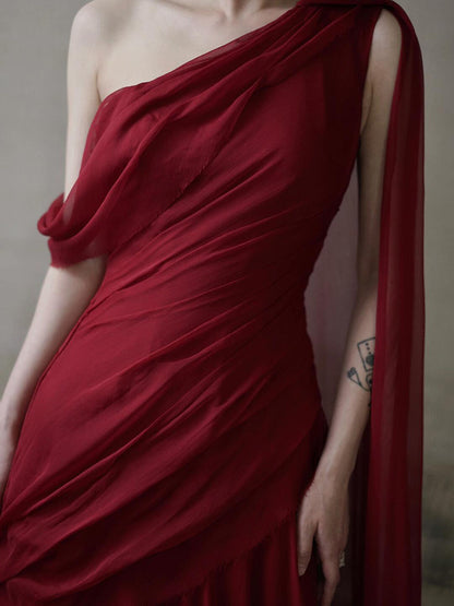 One Shoulder Burgundy Chiffon Evening Dress Formal  Birthday Gown  P786