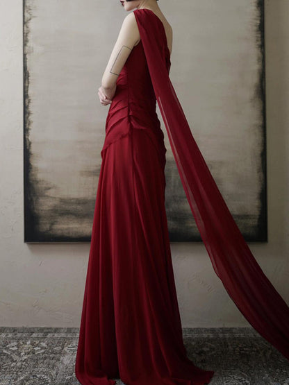 One Shoulder Burgundy Chiffon Evening Dress Formal  Birthday Gown  P786