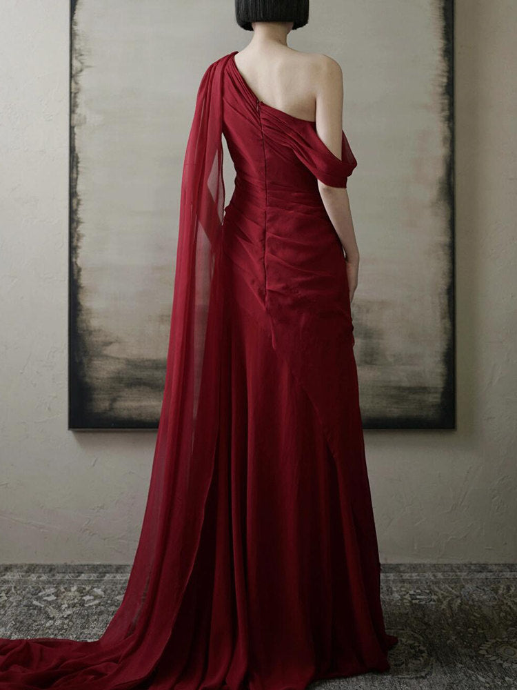 One Shoulder Burgundy Chiffon Evening Dress Formal  Birthday Gown  P786