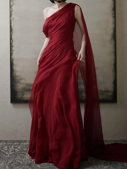 One Shoulder Burgundy Chiffon Evening Dress Formal  Birthday Gown  P786