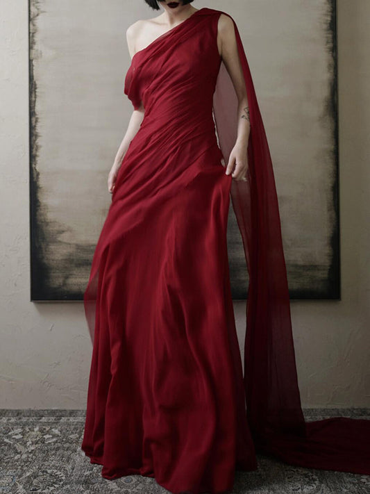 One Shoulder Burgundy Chiffon Evening Dress Formal  Birthday Gown  P786