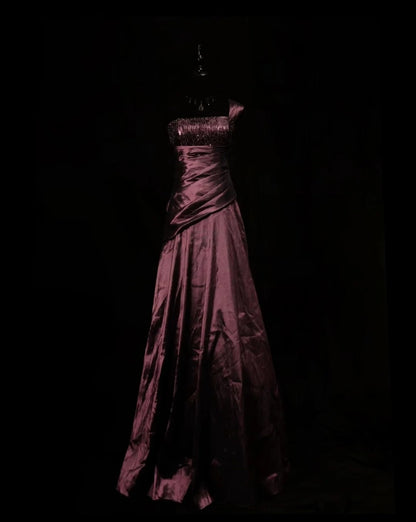 One Shoulder Burgundy Satin Prom Dress A Line Evening Dress   P2004