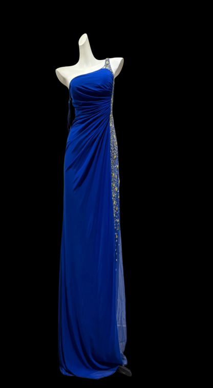 One Shoulder Chiffon Retro Prom Dress Beaded Evening Gown  P1693