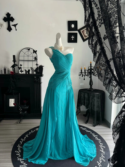 One Shoulder Chiffon Wedding Guest Dress A Line Evening Gowns  P1996