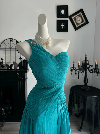 One Shoulder Chiffon Wedding Guest Dress A Line Evening Gowns  P1996