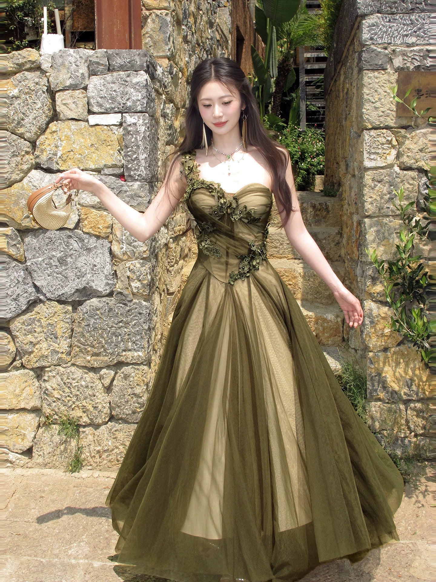 One Shoulder Dark Green Tulle Prom Dress with 3d Flowers  P1611