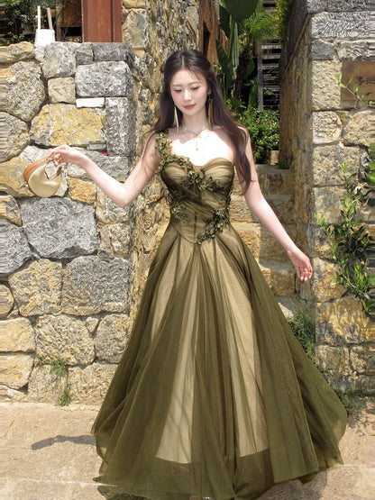 One Shoulder Dark Green Tulle Prom Dress with 3d Flowers  P1611