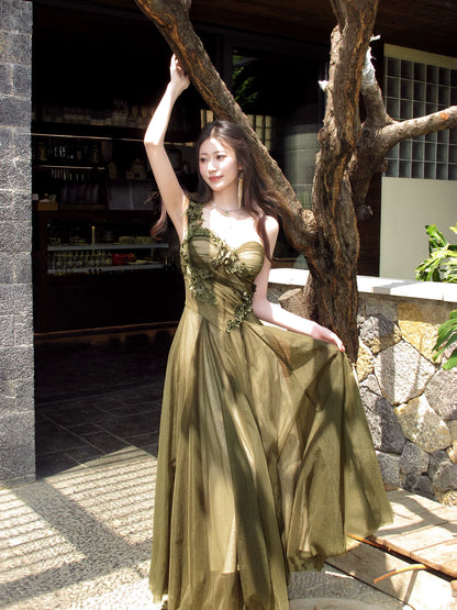 One Shoulder Dark Green Tulle Prom Dress with 3d Flowers  P1611