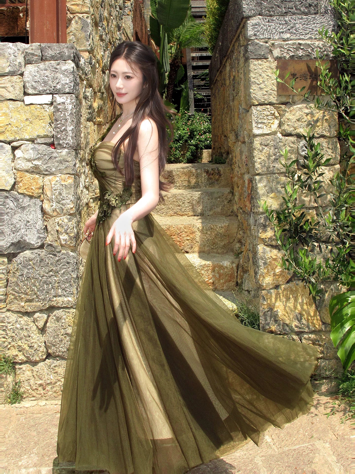One Shoulder Dark Green Tulle Prom Dress with 3d Flowers  P1611