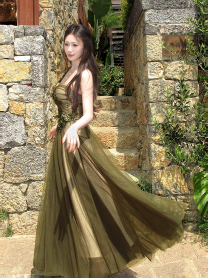 One Shoulder Dark Green Tulle Prom Dress with 3d Flowers  P1611