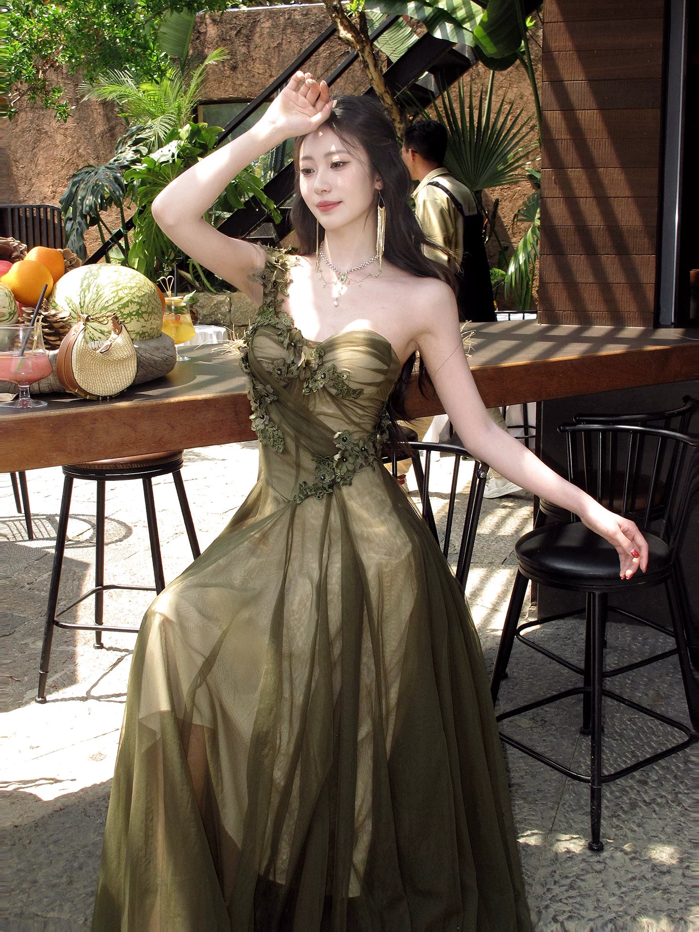 One Shoulder Dark Green Tulle Prom Dress with 3d Flowers  P1611