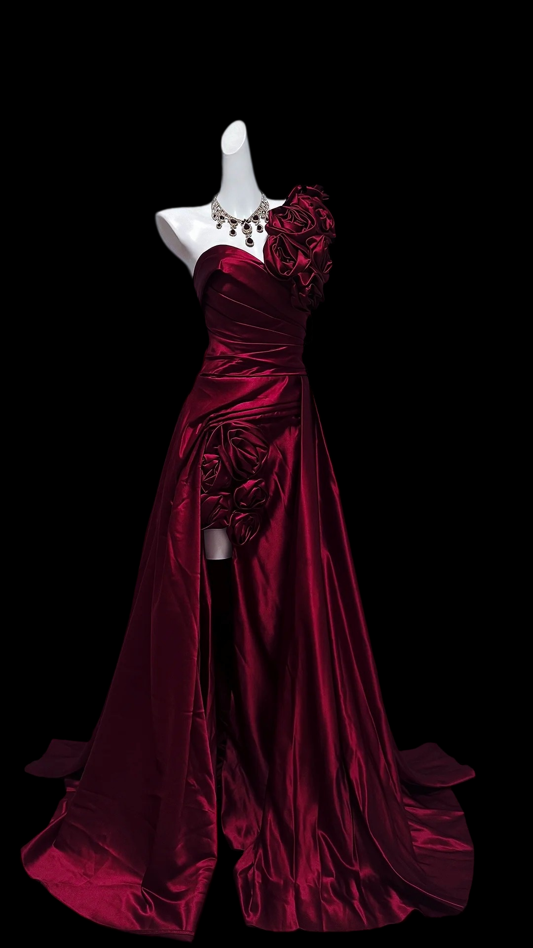 One Shoulder Floral Burgundy Satin Formal Prom Dress With Slit  P2423