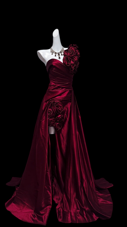 One Shoulder Floral Burgundy Satin Formal Prom Dress With Slit  P2423