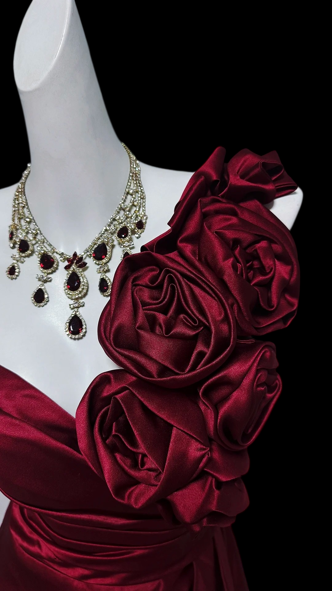 One Shoulder Floral Burgundy Satin Formal Prom Dress With Slit  P2423