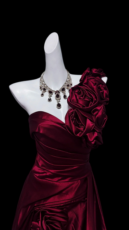 One Shoulder Floral Burgundy Satin Formal Prom Dress With Slit  P2423