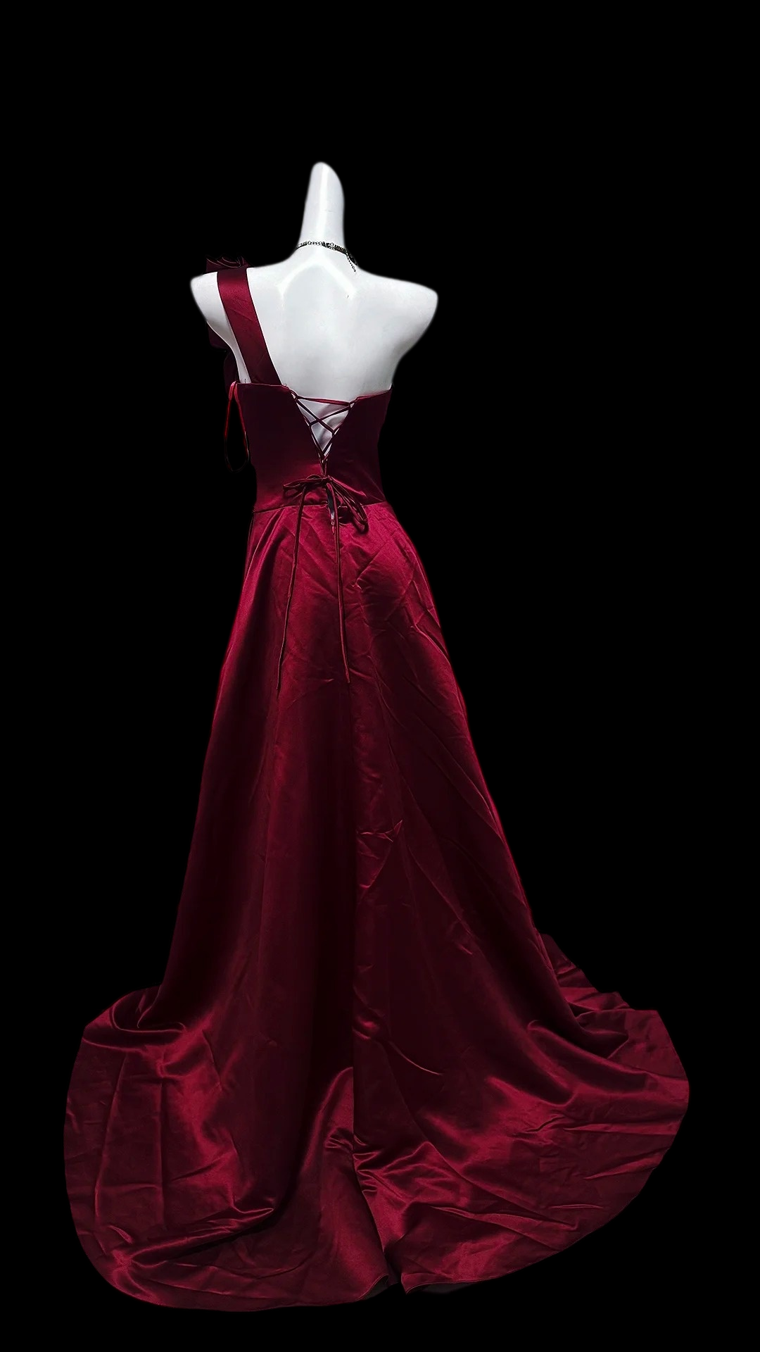 One Shoulder Floral Burgundy Satin Formal Prom Dress With Slit  P2423