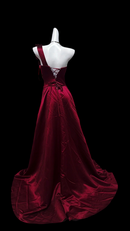 One Shoulder Floral Burgundy Satin Formal Prom Dress With Slit  P2423