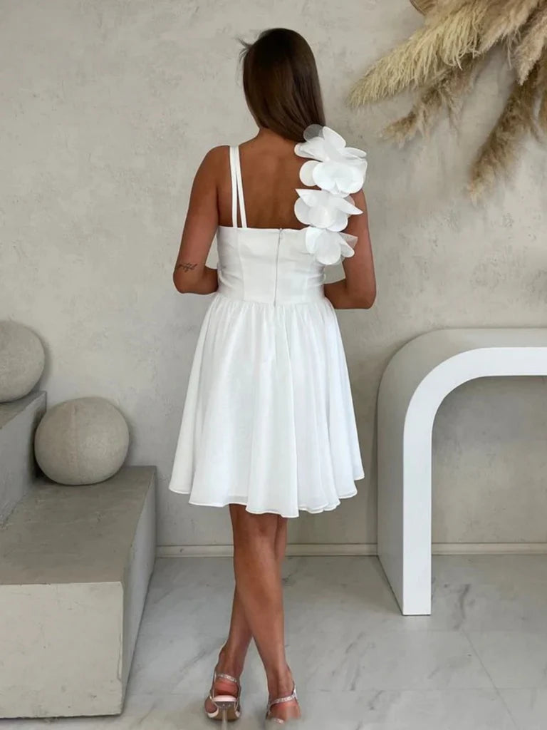One Shoulder Floral White Short Wedding Dress  P2317