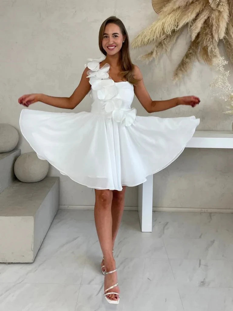 One Shoulder Floral White Short Wedding Dress  P2317
