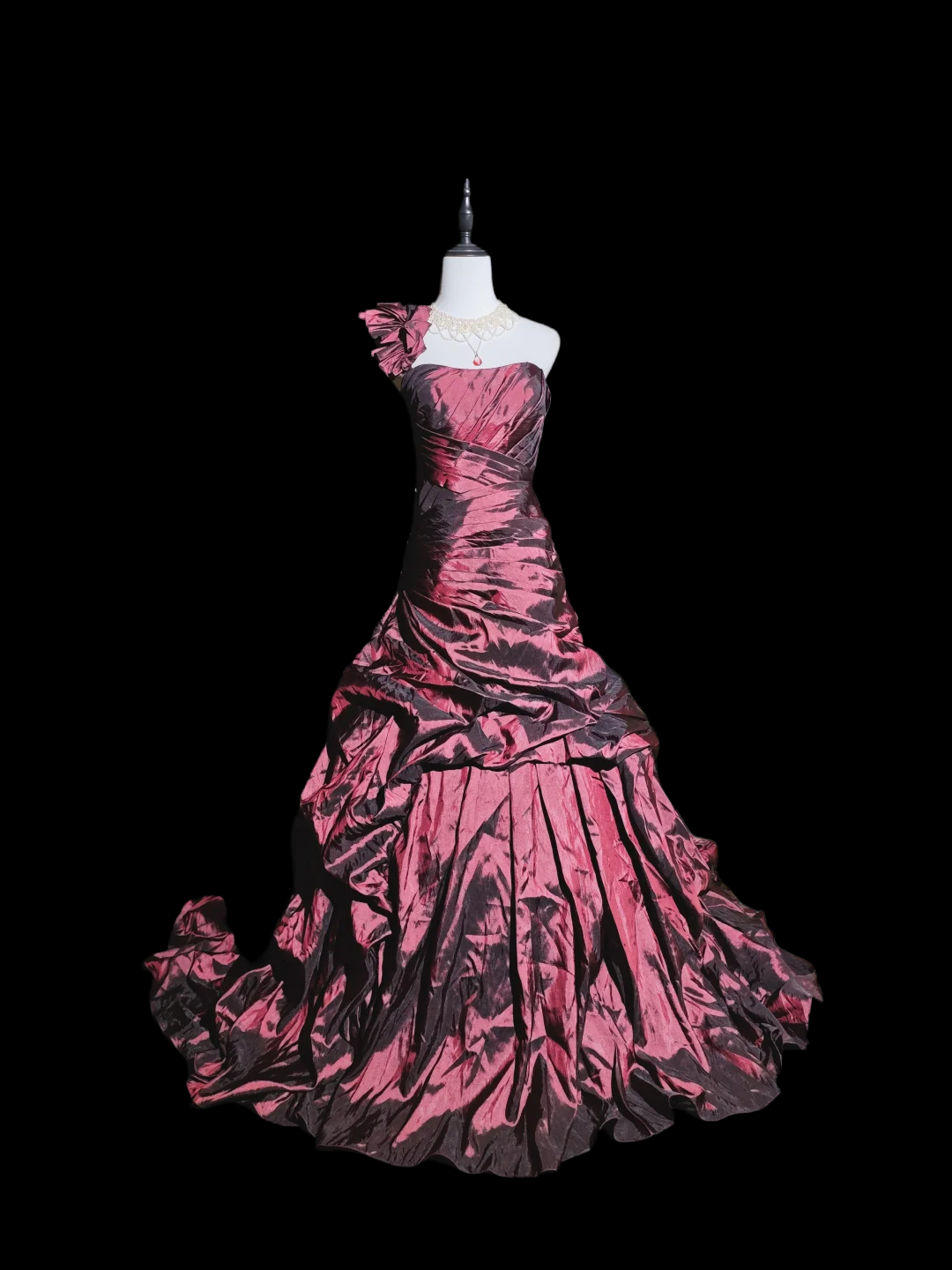 One Shoulder Fuchsia Taffeta Prom Dress Ruffled Formal Evening Gown  P1044