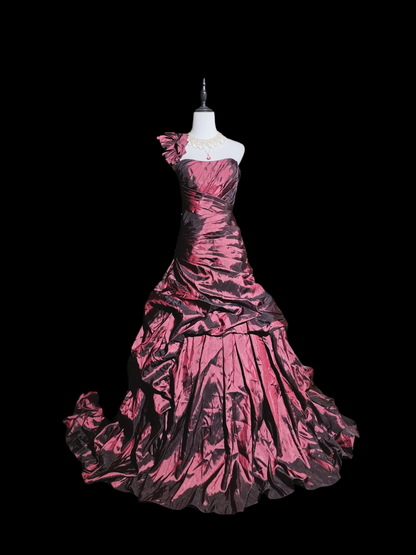 One Shoulder Fuchsia Taffeta Prom Dress Ruffled Formal Evening Gown  P1044