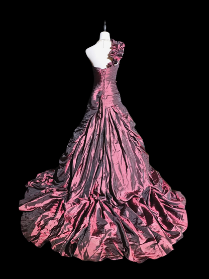 One Shoulder Fuchsia Taffeta Prom Dress Ruffled Formal Evening Gown  P1044