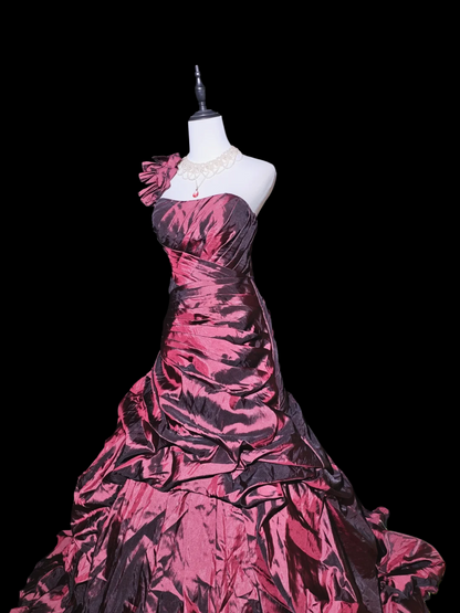 One Shoulder Fuchsia Taffeta Prom Dress Ruffled Formal Evening Gown  P1044