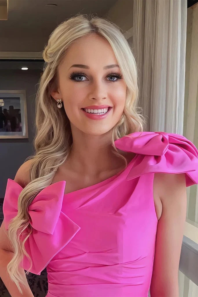One Shoulder Hot Pink Sheath Homecoming Dress With Bow Knots  P2326