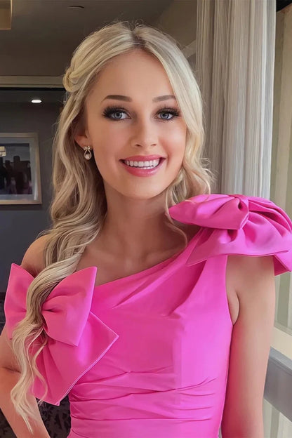 One Shoulder Hot Pink Sheath Homecoming Dress With Bow Knots  P2326