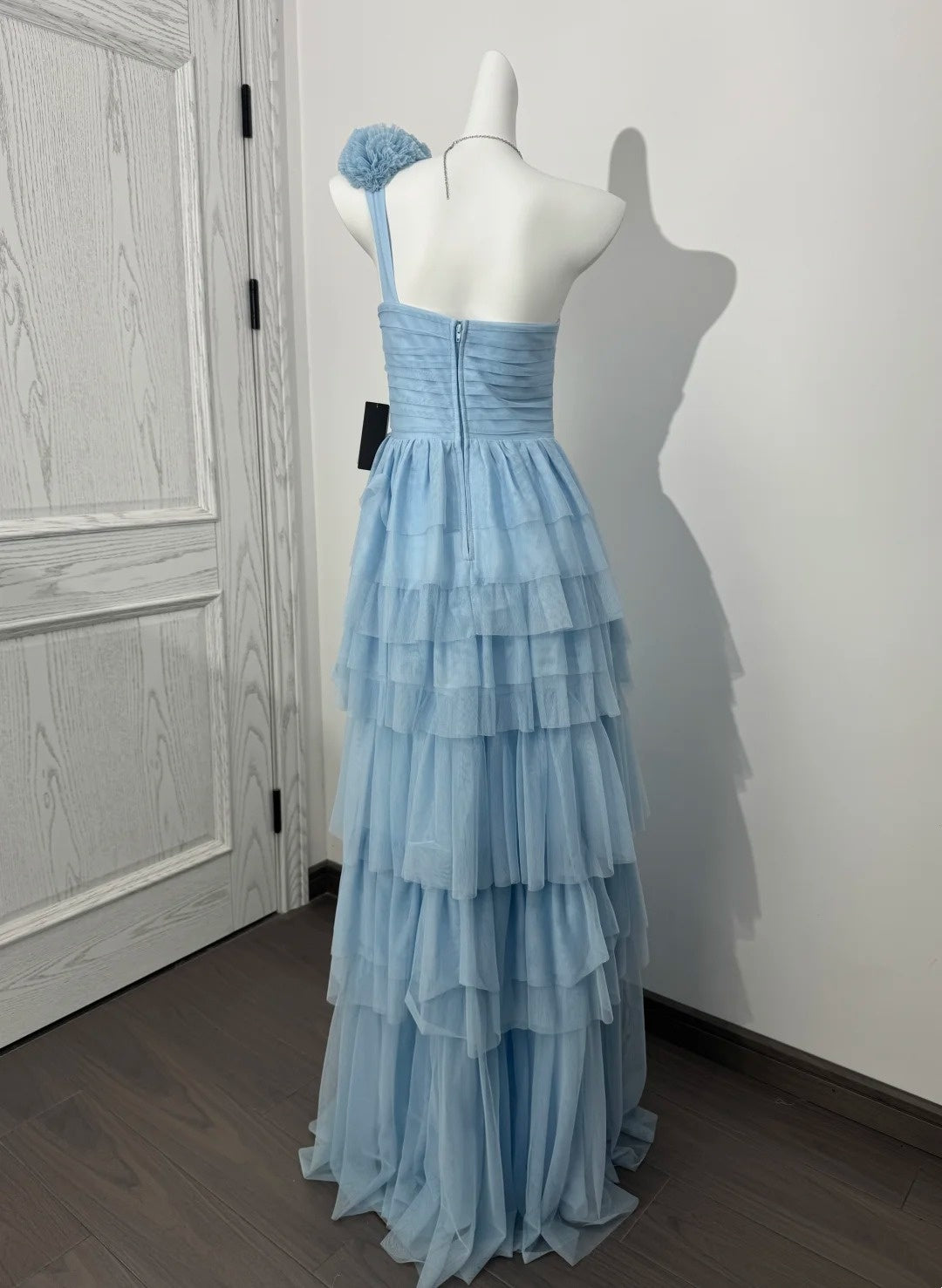 One Shoulder Layered Blue Bridesmaid Dresses Tulle Wedding Guest Dress  P1304