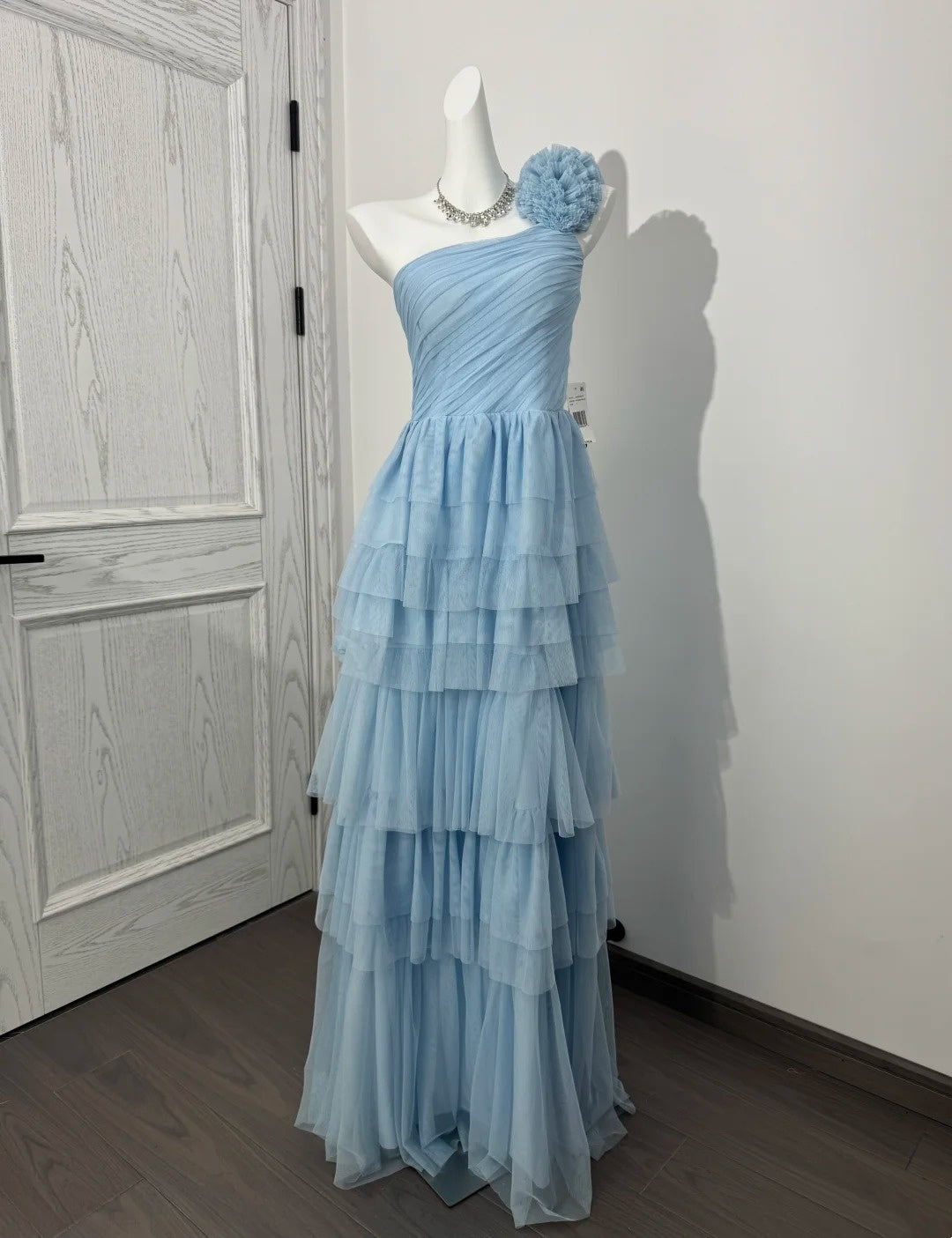 One Shoulder Layered Blue Bridesmaid Dresses Tulle Wedding Guest Dress  P1304