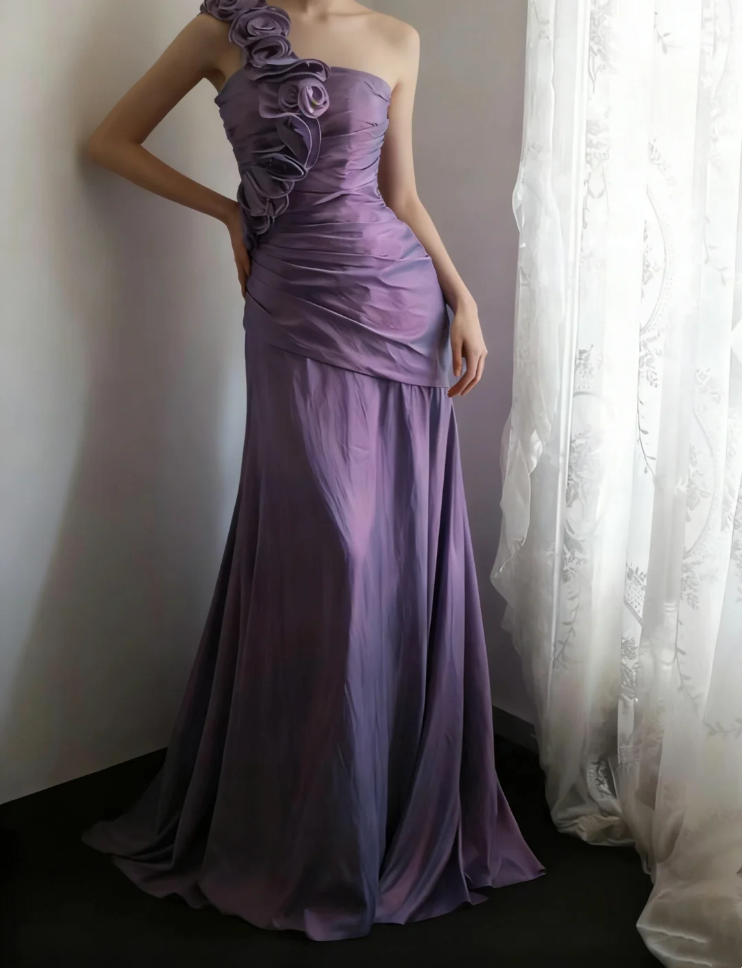 One Shoulder Lilac Prom Dress Taffeta Bridesmaid Dress  P686