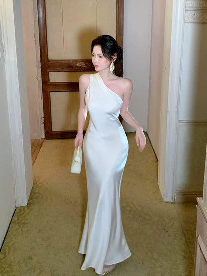 One Shoulder Mermaid Satin Evening Dress Bridesmaid Dress  P1389