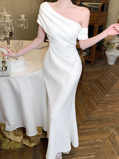 One Shoulder Mermaid Satin Wedding Dress White Birthday Dress  P1593