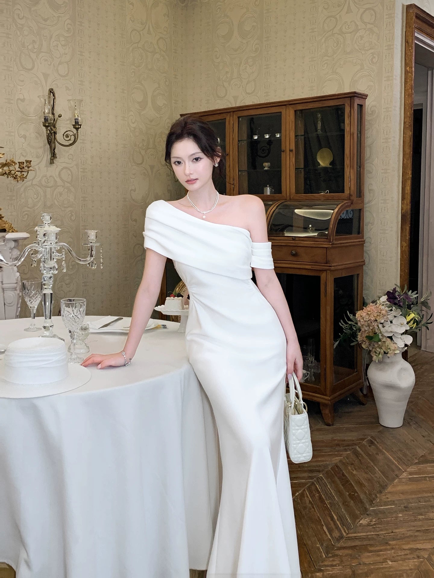 One Shoulder Mermaid Satin Wedding Dress White Birthday Dress  P1593