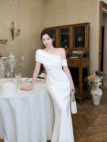 One Shoulder Mermaid Satin Wedding Dress White Birthday Dress  P1593