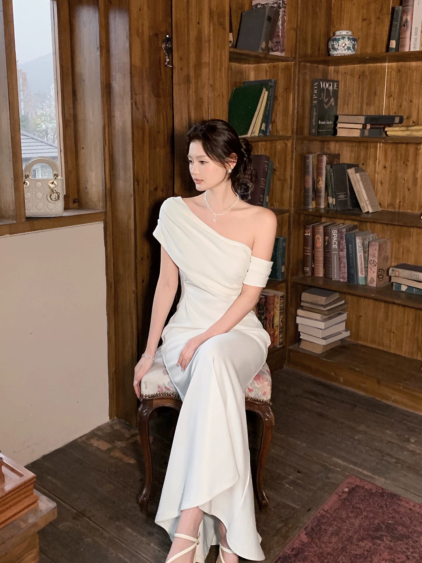 One Shoulder Mermaid Satin Wedding Dress White Birthday Dress  P1593