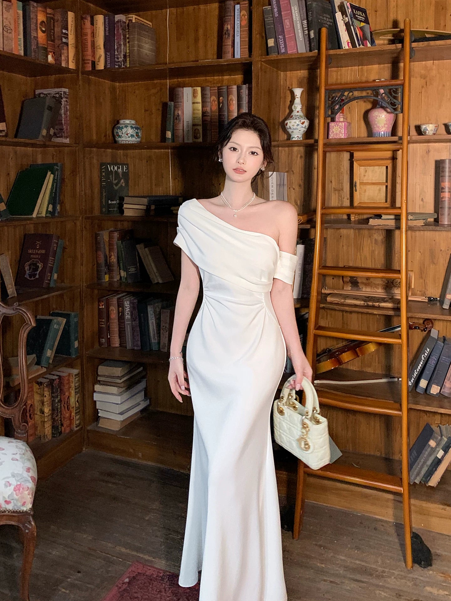 One Shoulder Mermaid Satin Wedding Dress White Birthday Dress  P1593