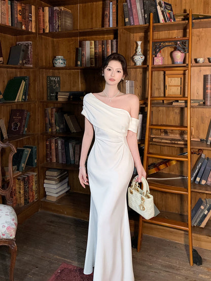 One Shoulder Mermaid Satin Wedding Dress White Birthday Dress  P1593