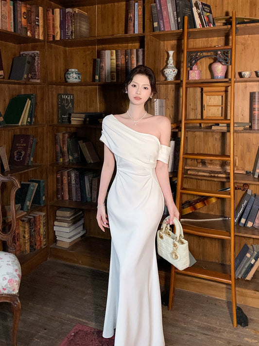 One Shoulder Mermaid Satin Wedding Dress White Birthday Dress  P1593