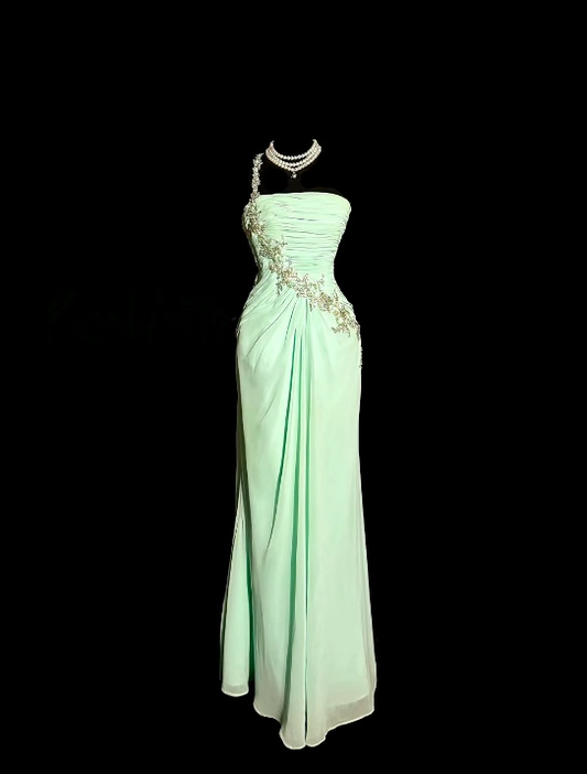 One Shoulder Mint Green Chiffon Wedding Guest Dress Formal Prom Dress  P1096