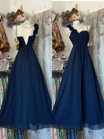 One Shoulder Navy Blue Chiffon Bridesmaid Dress Evening Gown  P2679