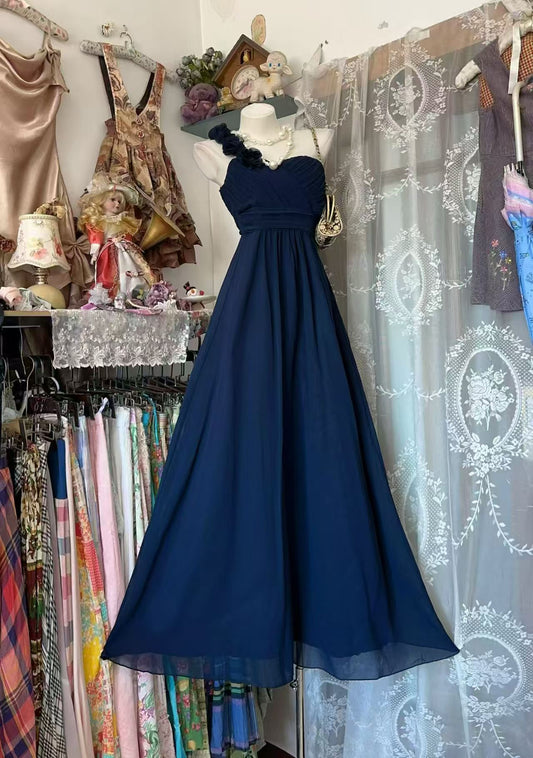One Shoulder Navy Blue Chiffon Bridesmaid Dress Evening Gown  P2679