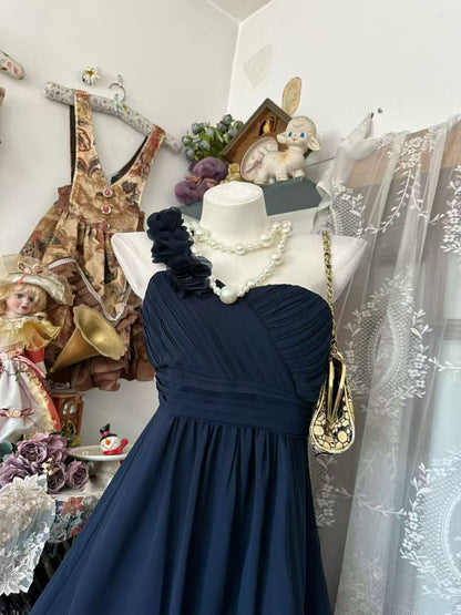 One Shoulder Navy Blue Chiffon Bridesmaid Dress Evening Gown  P2679