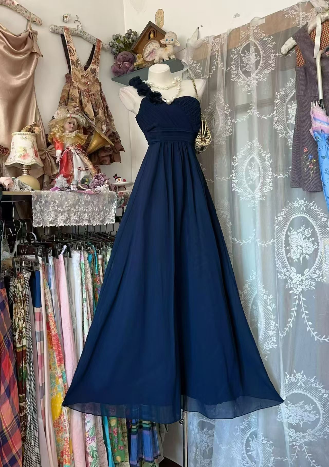 One Shoulder Navy Blue Chiffon Wedding Guest Dress Bridesmaid Dress   P1926