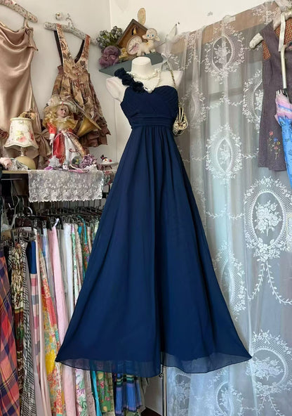 One Shoulder Navy Blue Chiffon Wedding Guest Dress Bridesmaid Dress   P1926