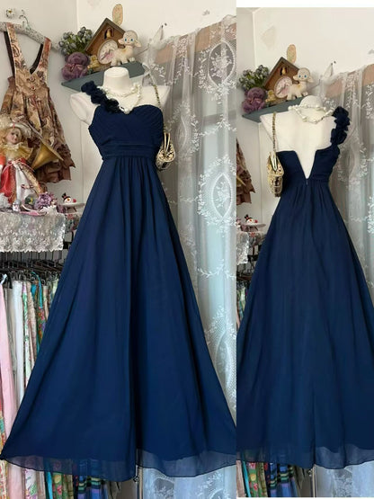 One Shoulder Navy Blue Chiffon Wedding Guest Dress Bridesmaid Dress   P1926