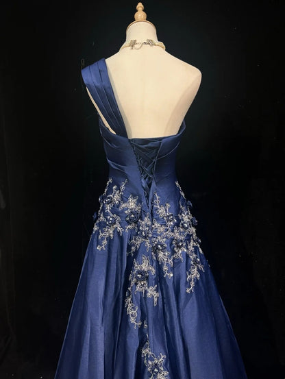 One Shoulder Navy Blue Satin Prom Dress Retro Evening Gown With Appliques  P2670