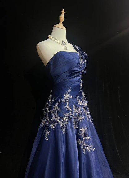 One Shoulder Navy Blue Satin Prom Dress Retro Evening Gown With Appliques  P2670